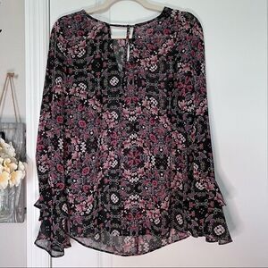 BCBG Generation Keyhole Floral Light Sheer Womens Long Sleeve Top/Blouse (S)